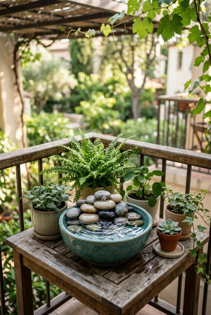 Small tabletop fountain trickling over stones into a ceramic bowl among leafy potted plants on a balcony