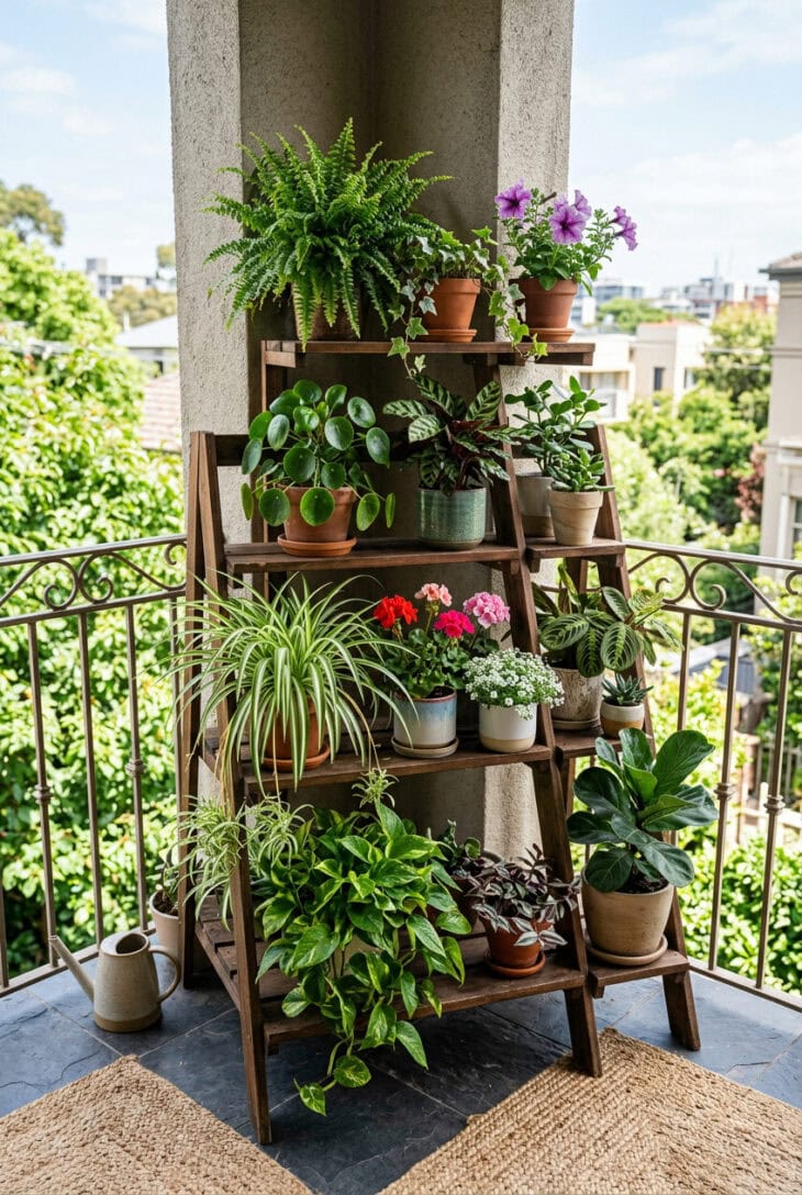 Stepped wooden plant stand in a balcony corner crowded with foliage, flowers and trailing plants at varied heights