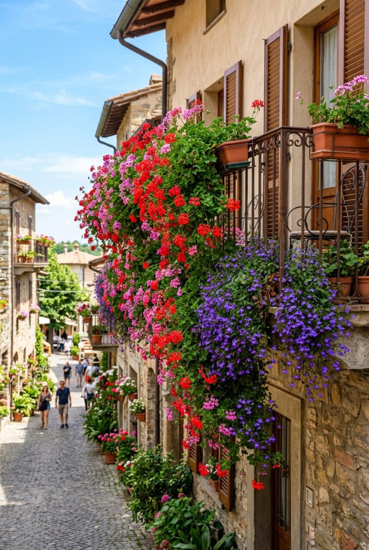 Cascading red and pink ivy geraniums and purple lobelia spilling down from a balcony railing