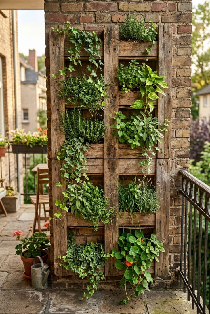 Upcycled wooden pallet mounted vertically on a balcony wall planted with cascading herbs and greenery