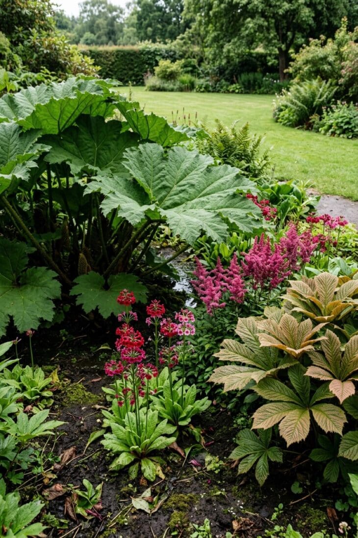 Giant gunnera leaves above rodgersia and candelabra primulas