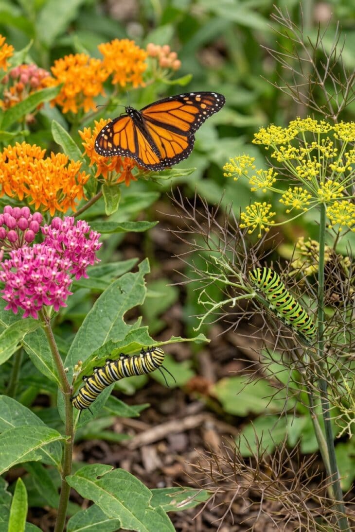 Monarch caterpillar feeding on a milkweed leaf beside dill and fennel