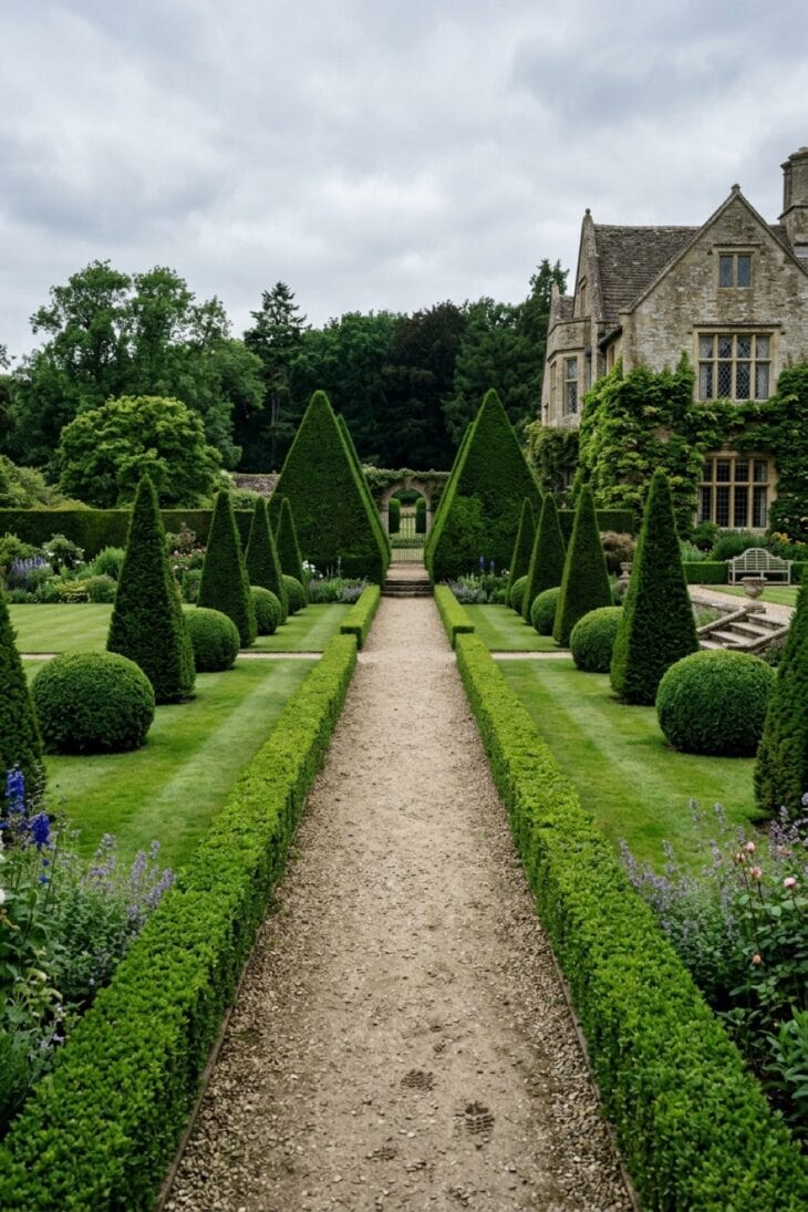 Clipped yew pyramids and low box hedging along a formal garden path