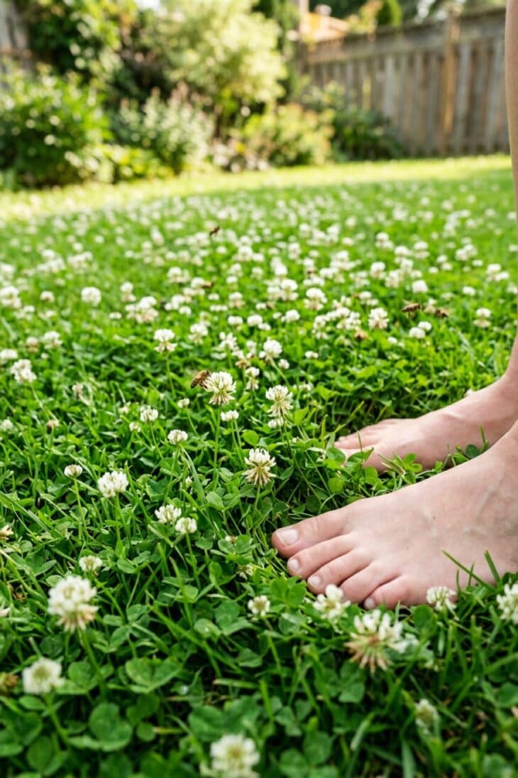 Green lawn thick with flowering white clover and foraging bees