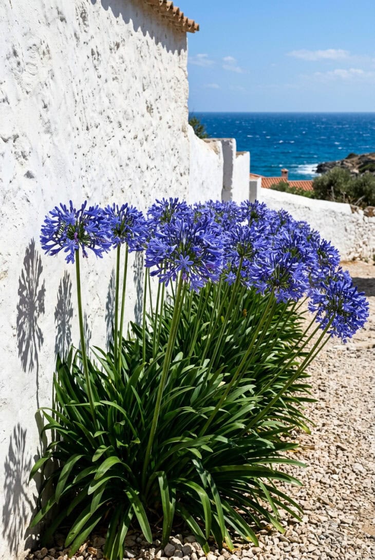 Row of deep blue agapanthus flowering along the base of a sunlit whitewashed wall