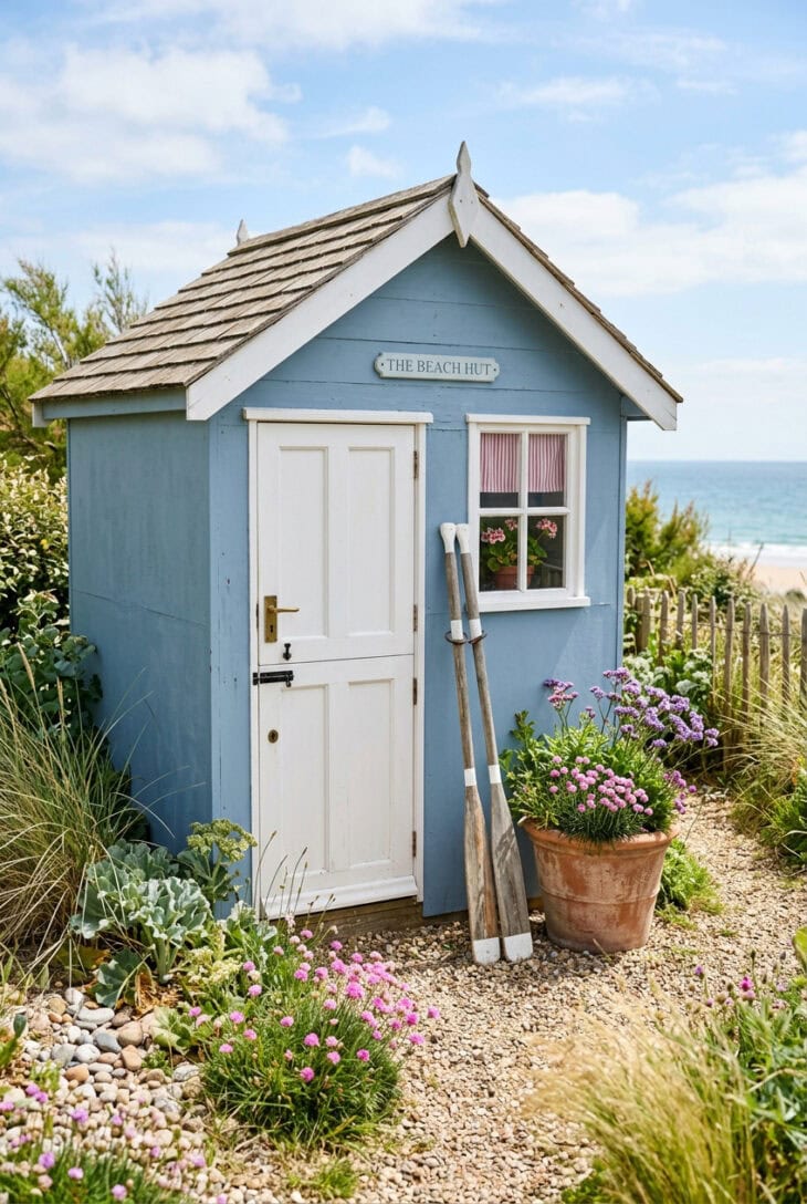 Garden shed painted chalky pale blue with white trim, styled as a beach hut among grasses