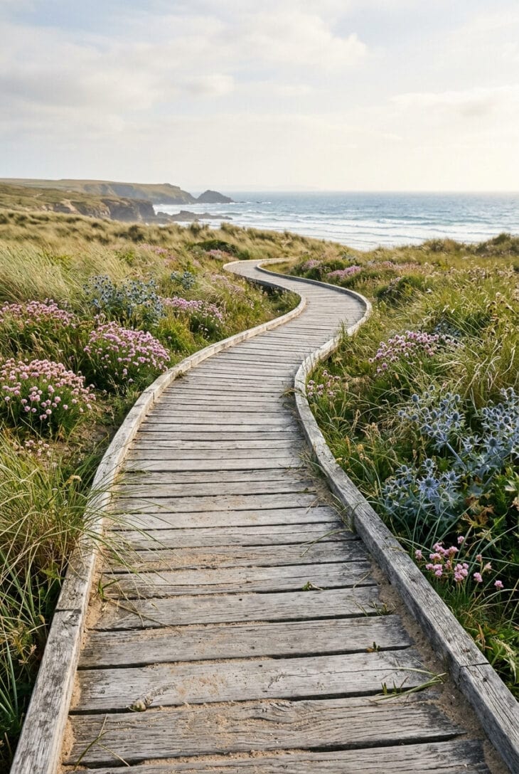 Weathered timber boardwalk curving through coastal grasses toward the sea