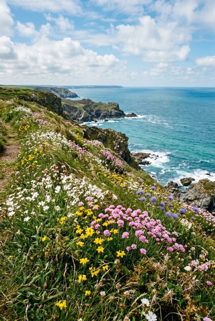 Clifftop bank of sea campion, thrift and yellow trefoil in fine grass above the sea