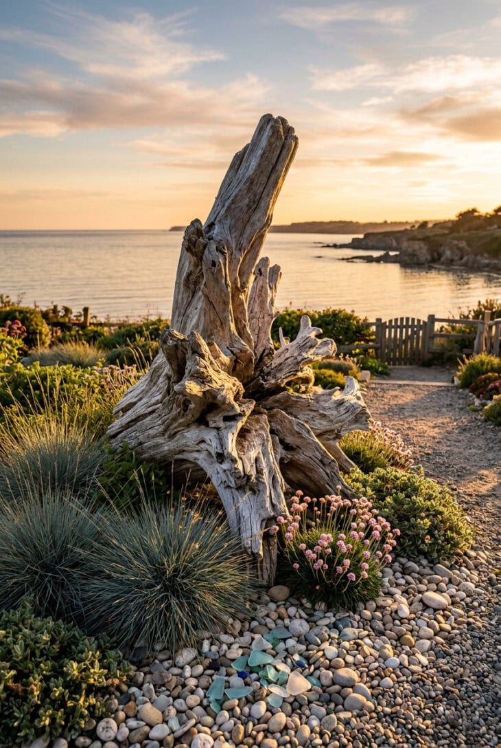 Bleached driftwood root standing as sculpture among grasses and thrift in evening light