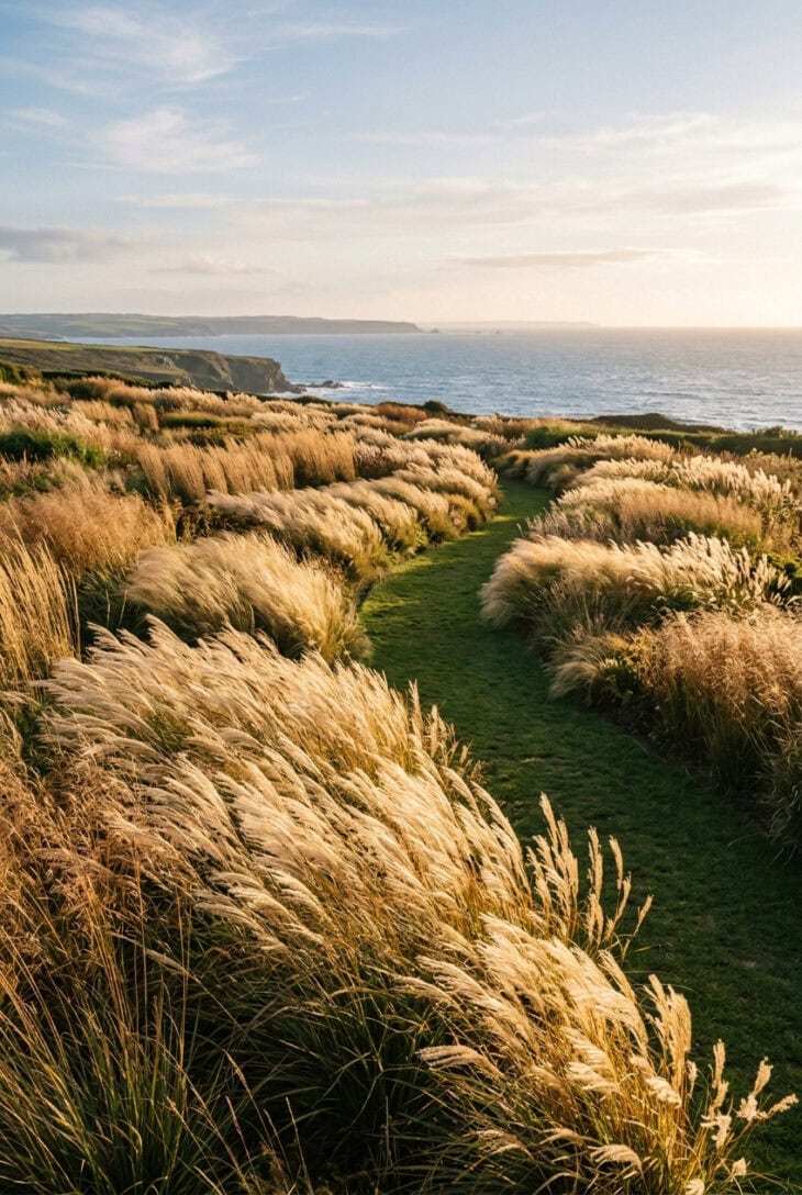 Curved drifts of blond and bronze ornamental grasses backlit by low evening sun, moving in the wind