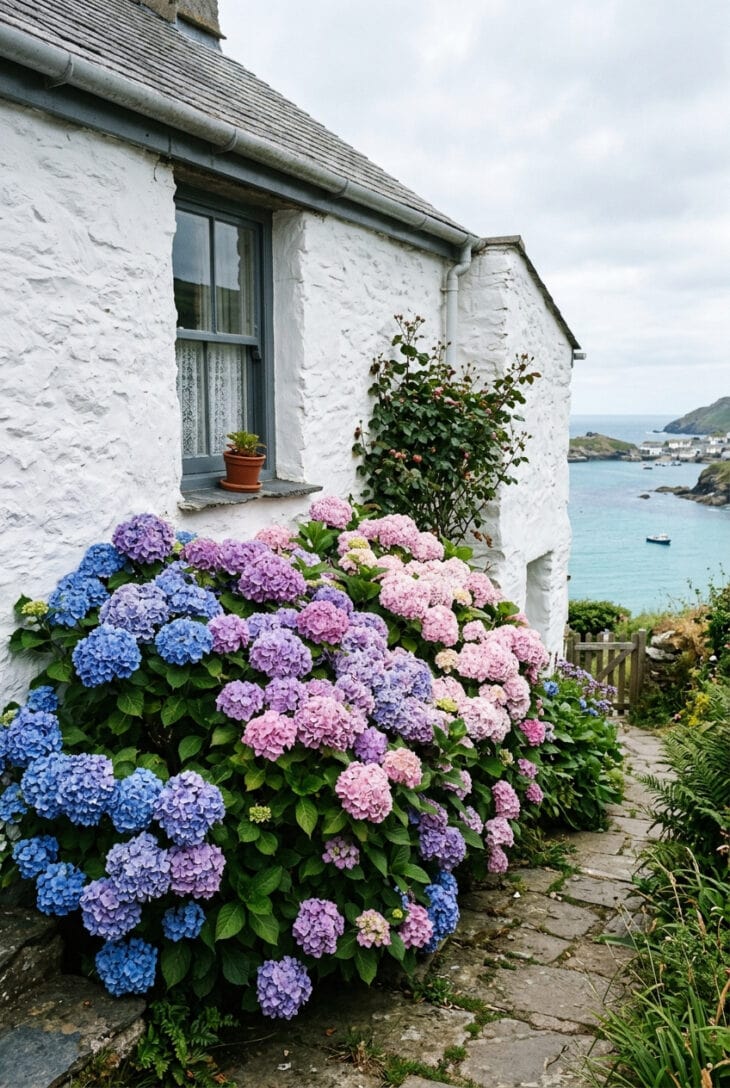 Bank of blue and pink mophead hydrangeas against the sheltered wall of a white seaside house