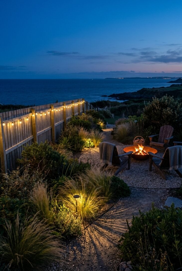 Coastal garden at dusk with low lights grazing the grasses and a glowing fire bowl between two chairs