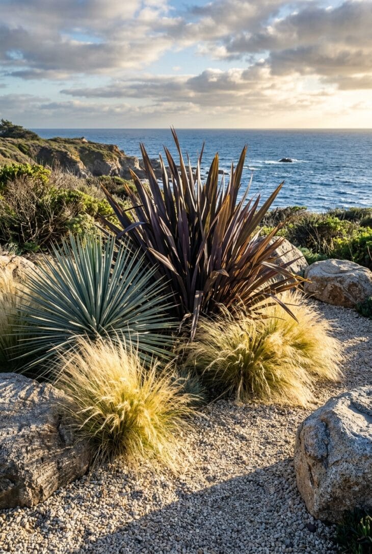 Bronze New Zealand flax and silver yucca with fine blond grasses at their base in pale gravel