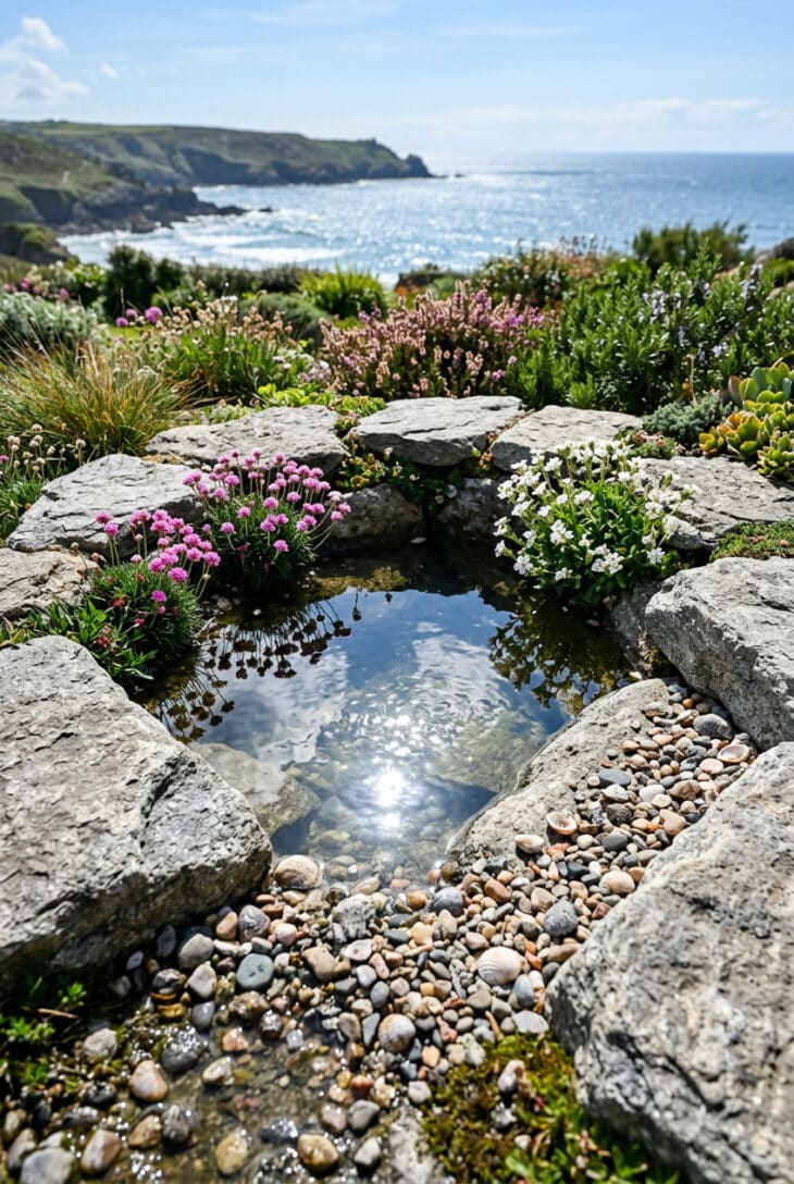 Shallow rock pool of grey stone holding still water, edged with pebbles, thrift and sea campion