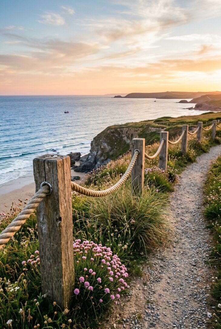 Weathered timber posts linked by swagging natural rope marking a garden boundary above the sea