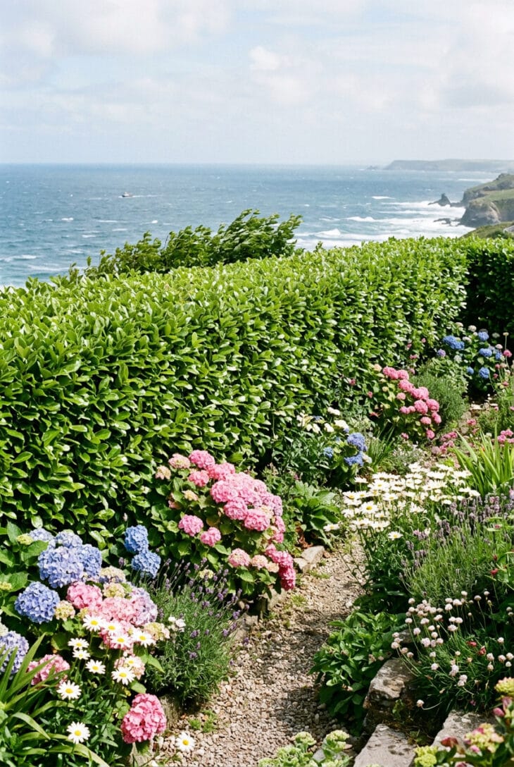 Glossy green Griselinia hedge sheltering a seaside garden with hydrangeas growing behind it