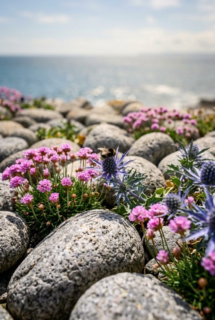 Metallic blue sea holly and pink thrift cushions growing between large grey cobbles