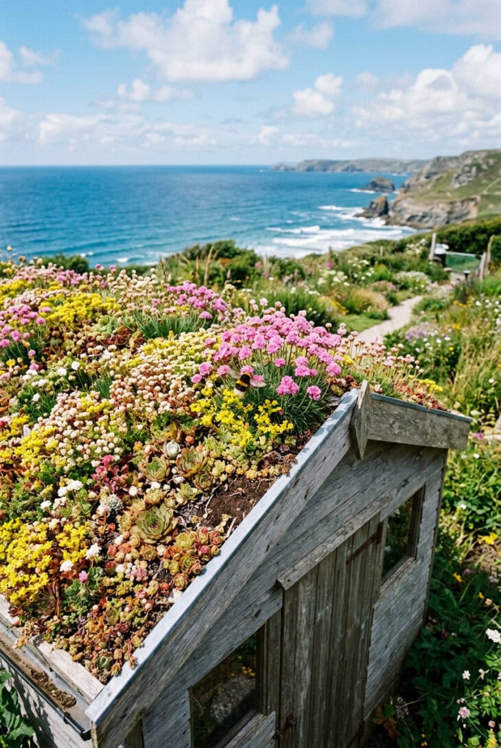 Living roof of sedums, houseleeks and flowering thrift on a weathered grey timber shed