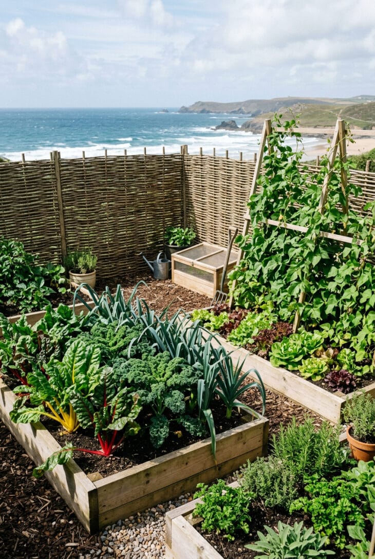 Raised vegetable beds of chard, kale and beans growing inside a woven willow windbreak by the sea