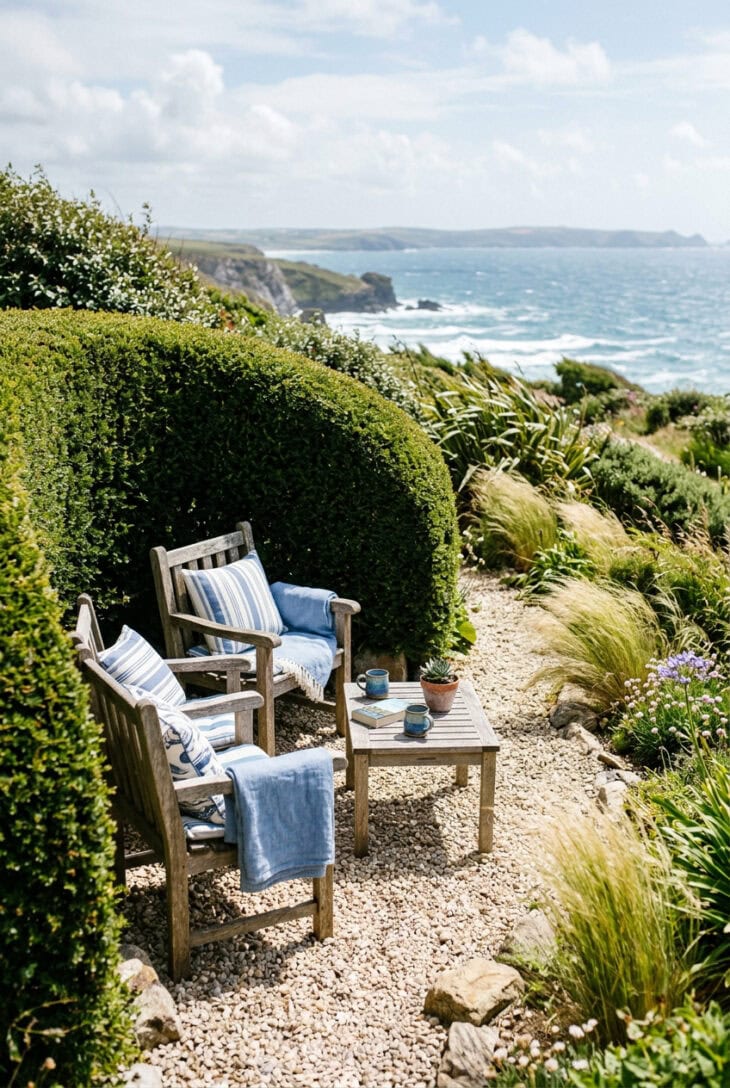 Seating nook of two timber chairs enclosed by curved evergreen hedge with a sea view through the open side