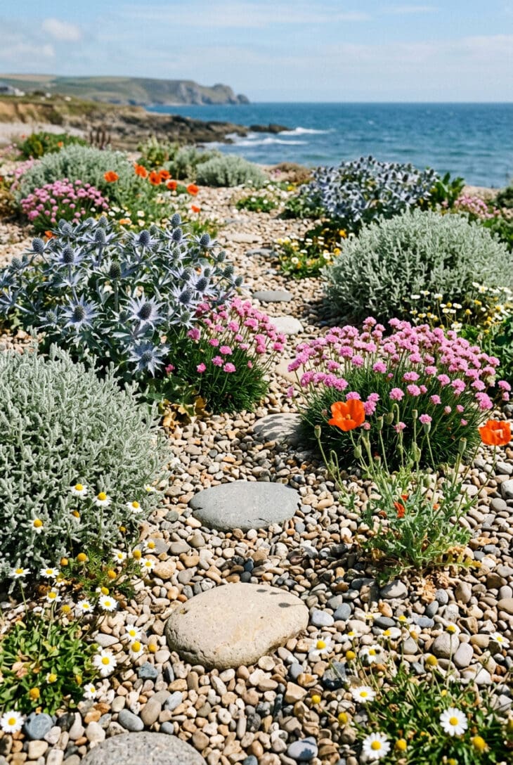 Shingle bed with sea holly, pink thrift and silver santolina growing directly from the pebbles