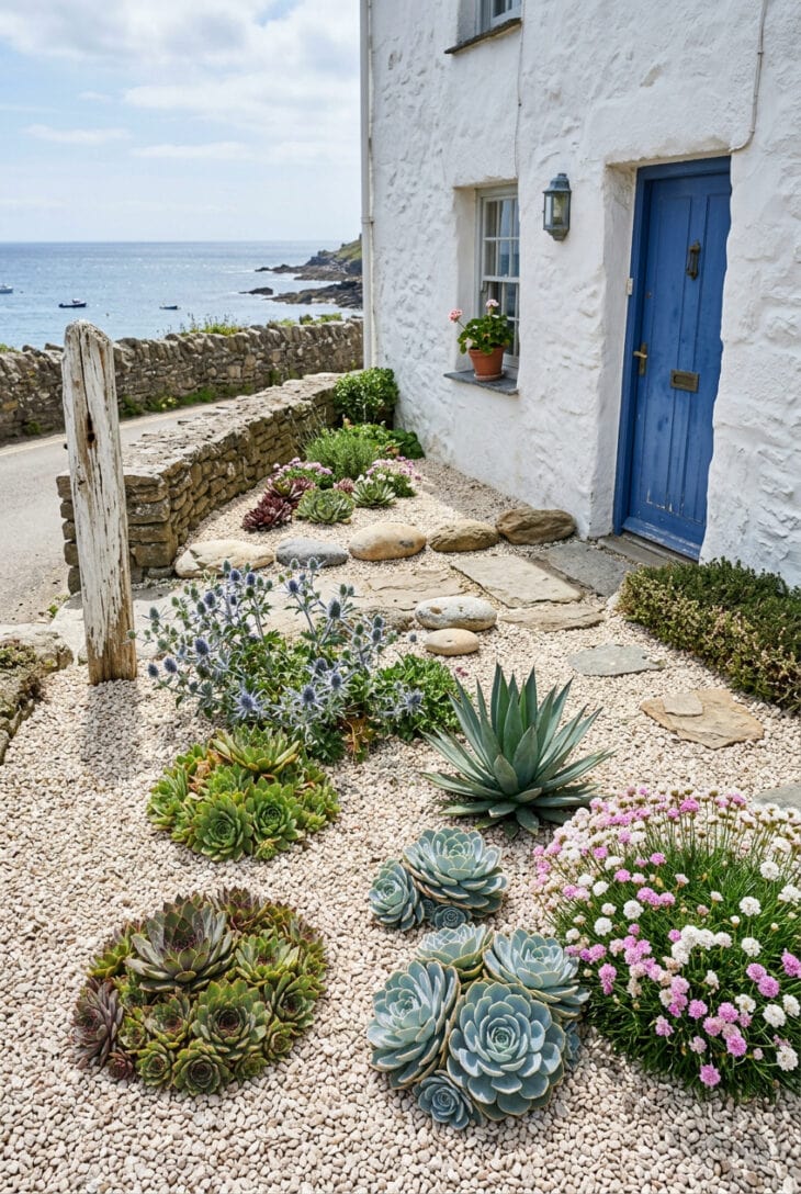 Small seaside front garden of pale shingle planted with houseleeks, echeveria and sea holly by a blue door