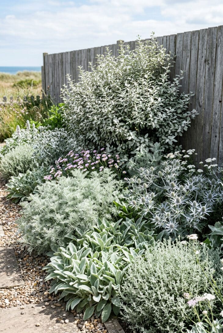 Border of silver foliage plants including lamb's ear, artemisia and cotton lavender against a grey fence