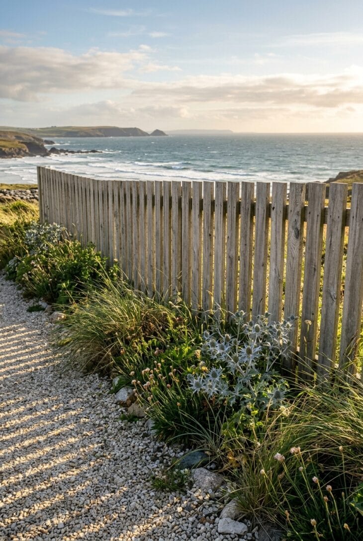 Weathered grey slatted windbreak fence with gaps, casting striped shadows over coastal gravel planting