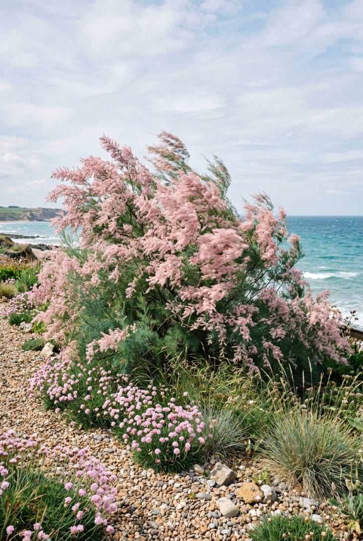 Tamarisk covered in fluffy pink plumes with feathery foliage moving in the wind above a shingle bed