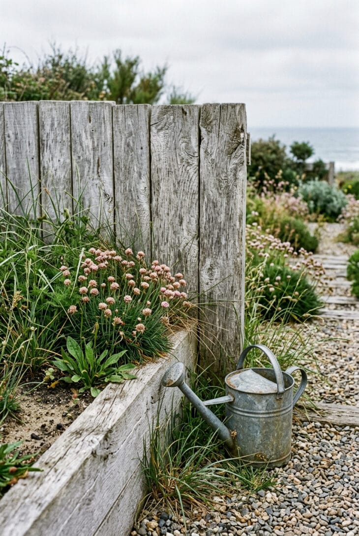 Salt-bleached silver-grey timber fence and raised bed with grasses growing against them