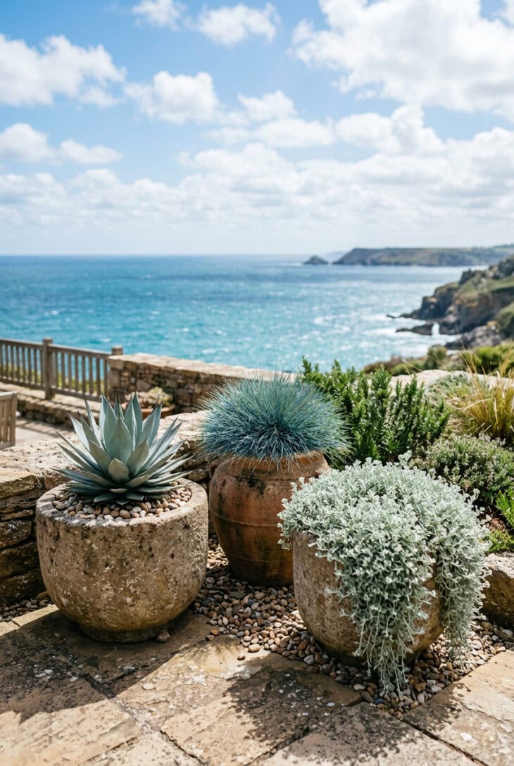 Three heavy wide-based stone pots planted with agave, blue fescue and trailing silver helichrysum