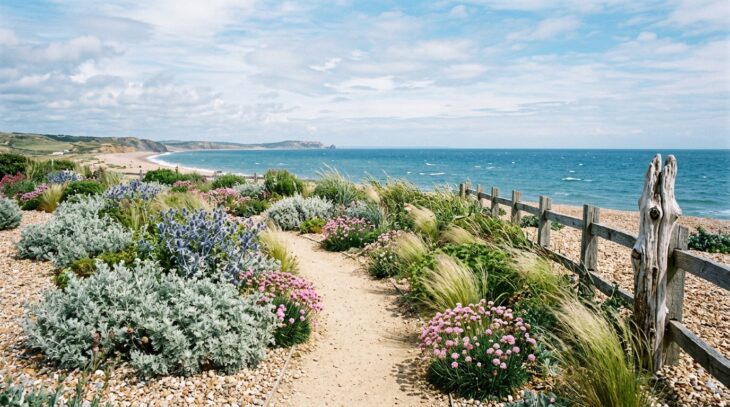 Seaside garden of silver foliage, sea holly and grasses growing in shingle with the sea beyond
