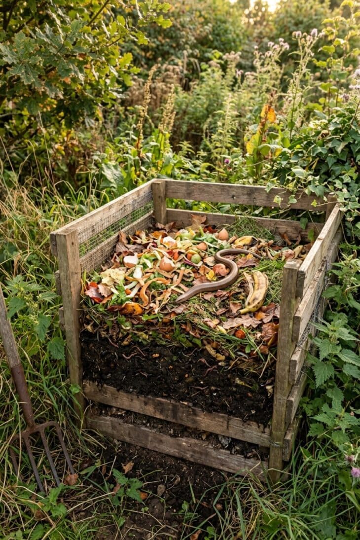 Open slatted compost bay layered with leaves and kitchen scraps