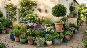 Grouped terracotta and glazed containers planted with hydrangeas, grasses and herbs
