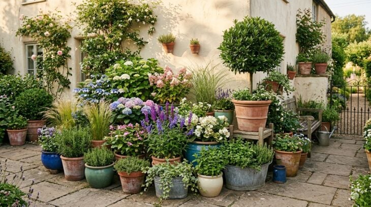 Grouped terracotta and glazed containers planted with hydrangeas, grasses and herbs