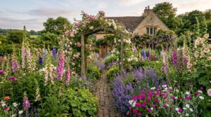 Cottage garden path swallowed by foxgloves, roses and lavender in front of a stone cottage