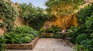 Enclosed brick courtyard with climbers, limestone paving, a wall fountain, shade planting and a lit dining corner at dusk