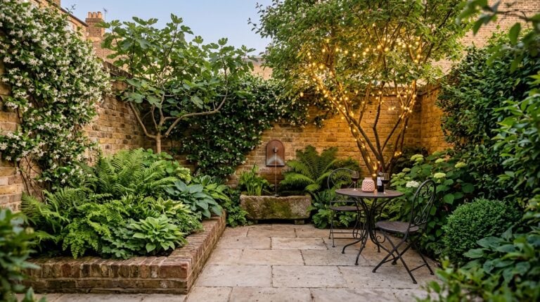 Enclosed brick courtyard with climbers, limestone paving, a wall fountain, shade planting and a lit dining corner at dusk