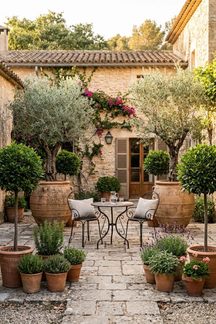 Olive trees in terracotta pots framing a limestone-paved courtyard