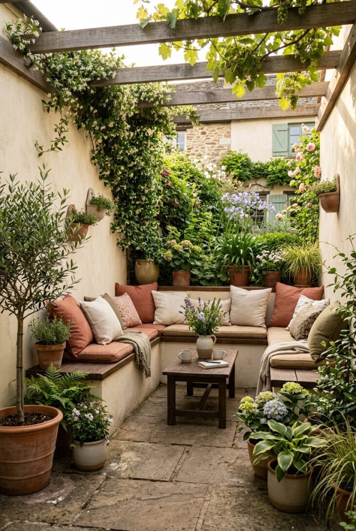 Built-in masonry bench with timber top and cushions wrapping two courtyard walls around a low table