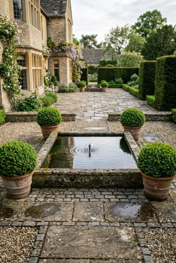 Square stone fountain basin at the center of a paved courtyard ringed by clipped box balls in pots
