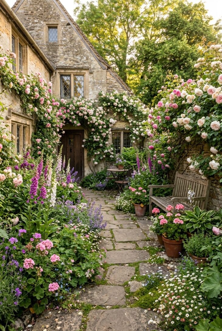 Cottage-style courtyard with climbing roses, foxgloves and hardy geraniums spilling between the paving