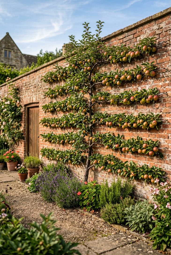 Espaliered apple tree trained flat in horizontal tiers against a sunny courtyard brick wall with fruit