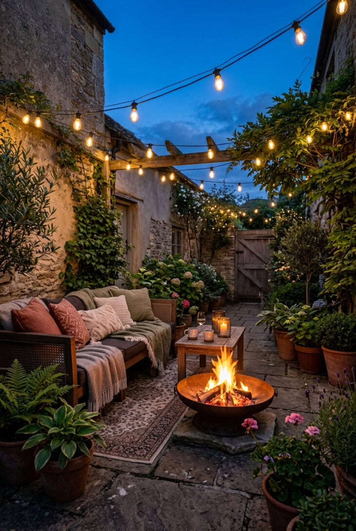 Courtyard corner at dusk with a glowing fire bowl, cushioned sofa, potted plants and string lights
