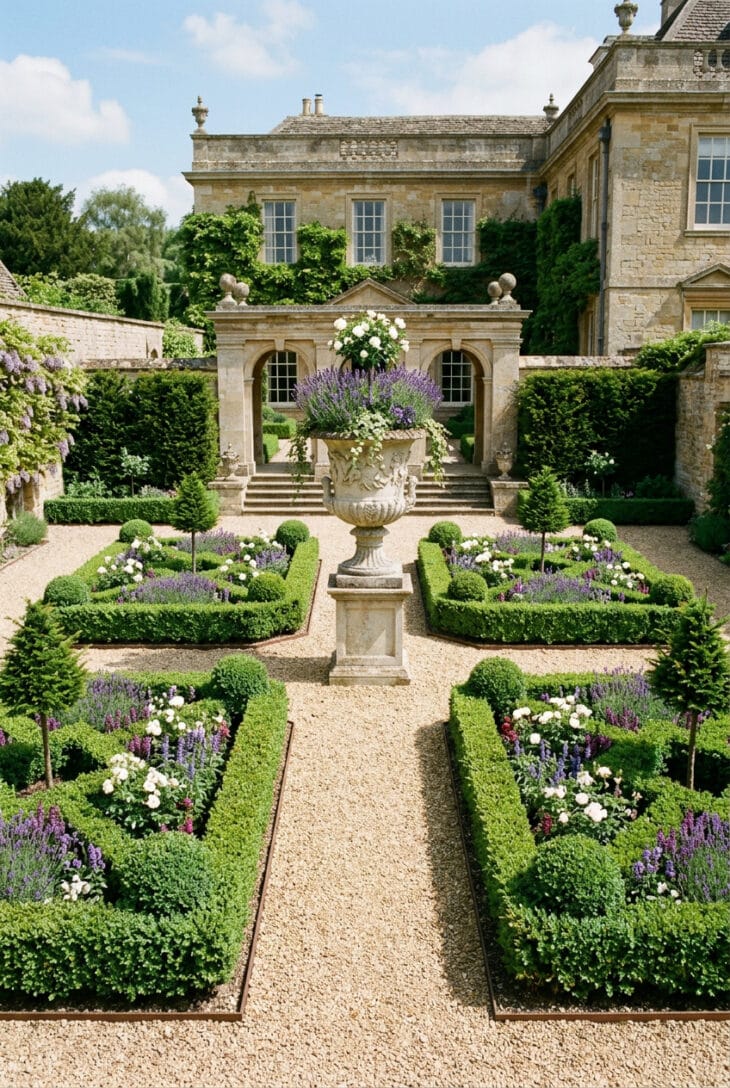 Formal courtyard with four matching clipped box beds around a central urn and neat gravel paths