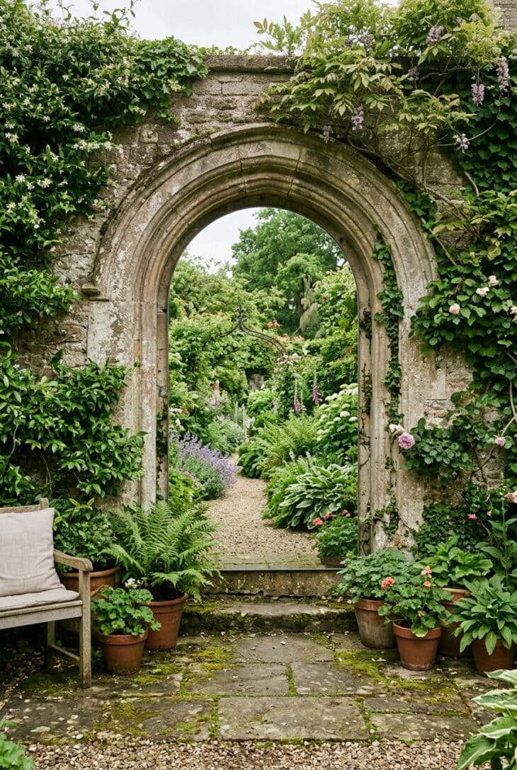 Outdoor mirror set in a courtyard wall behind an arch frame, reflecting planting to appear as another garden