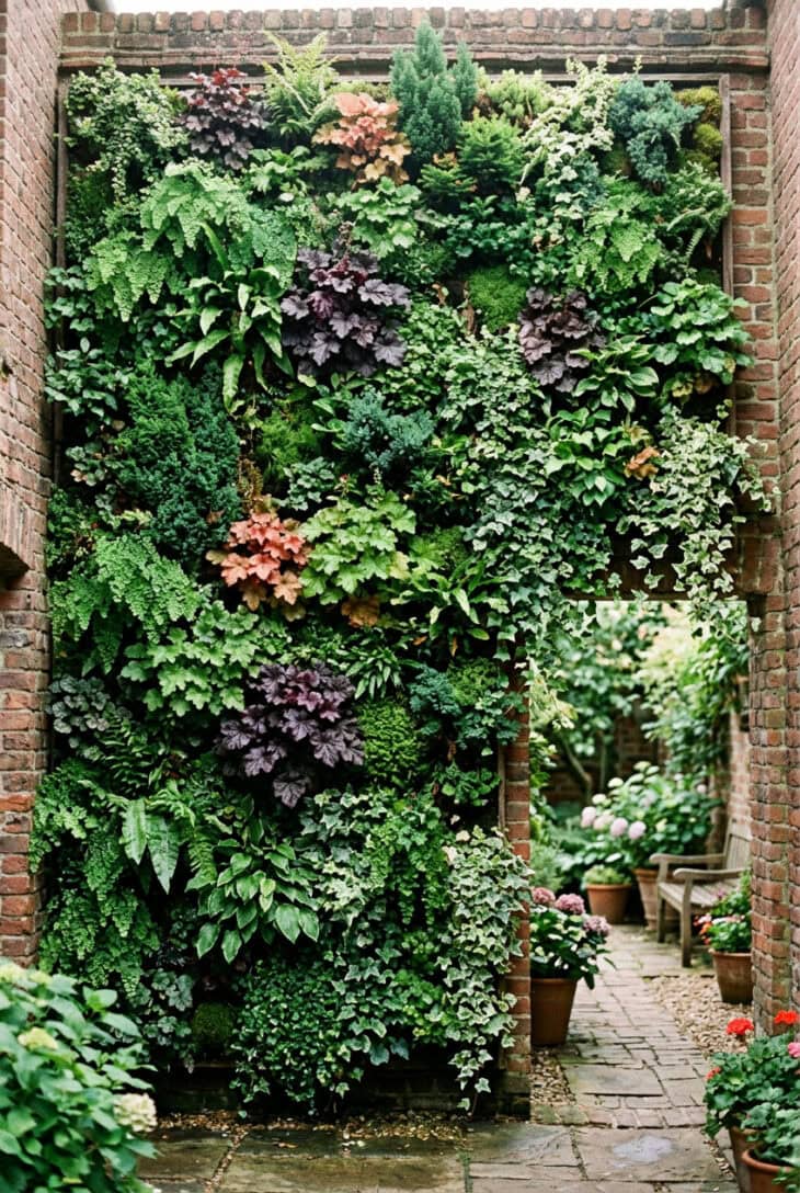 Tall courtyard wall covered in a lush living wall of ferns, heuchera, ivy and small evergreens