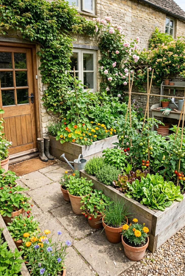Courtyard kitchen garden of raised beds and pots with herbs, salad, tomatoes and edible flowers by a door