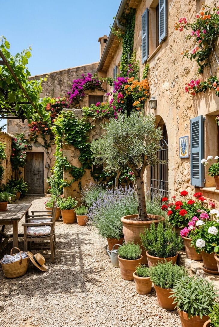 Sunny walled courtyard with terracotta pots of lavender, a potted olive, rosemary and geraniums on gravel