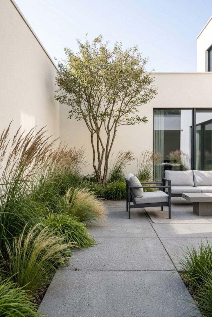 Modern courtyard with smooth off-white rendered walls, a bed of ornamental grasses and a multi-stem tree